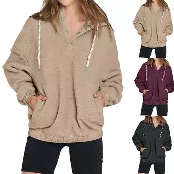 Женская толстовка с капюшоном из флиса с пуговицами, большой размер, уютный свитер на пуговицах с карманом, модная осень XS бежевый