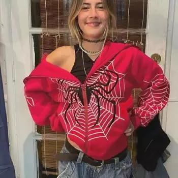 Женская толстовка с капюшоном из флиса с принтом паутины Y2K - повседневный кардиган на молнии на осень/зиму Medium белый/чёрный