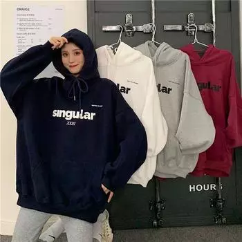 Женская толстовка с капюшоном из плотного бархата на осень-зиму, женский свободный пуловер с длинным рукавом и принтом букв M светло-серый