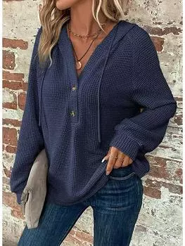 Женская толстовка с капюшоном из вафельной ткани с V-образным вырезом и пуговицами на завязках, с длинным рукавом L