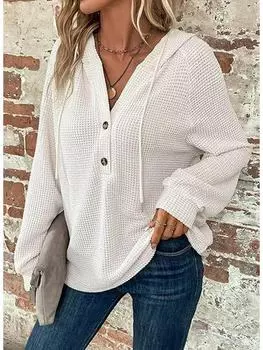 Женская толстовка с капюшоном из вафельной ткани с V-образным вырезом и пуговицами на завязках, с длинным рукавом S