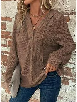 Женская толстовка с капюшоном из вафельной ткани с V-образным вырезом и пуговицами на завязках, с длинным рукавом M