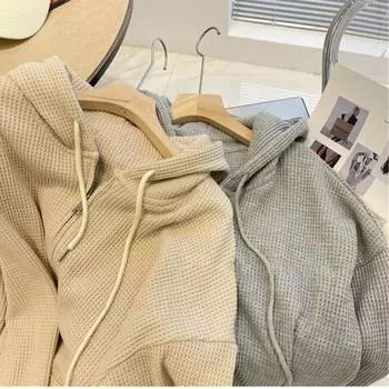 Женская толстовка с капюшоном из вафельной ткани, осенняя, новый стиль, свободный, утягивающий, нишевый дизайн, весенне-летнее пальто, женский кардиган на молнии M