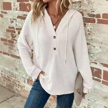 Женская толстовка с капюшоном из вафельной вязки - пуговицах, V-образным вырезом, завязками, повседневная толстовка с длинным рукавом S белый