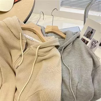 Женская толстовка с капюшоном из вафельной вязки - новый осенний стиль, свободный крой, универсальная, облегающая, повседневный кардиган на молнии M чёрный