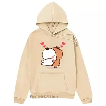 Женская толстовка с капюшоном Kawaii Bubu Dudu Panda and Brownie Bear, парная толстовка с длинными рукавами и круглым вырезом, женская повседневная мультяшная толстовка S