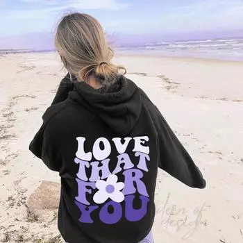 Женская толстовка с капюшоном LOVE TH FOR YOU, модная толстовка с карманом Tumblr, модные толстовки с капюшоном, джемпер S чёрный