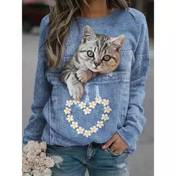 Женская толстовка с капюшоном Lovely Cat Dog Print Толстовки с длинными рукавами и круглым вырезом Женские повседневные топы S