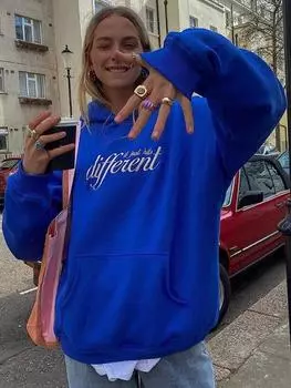 Женская толстовка с капюшоном, модная Harajuku, свободные толстовки с буквенной графикой и вышивкой Y2K, уличная одежда, кофты, винтажные пуловеры, топы, одежда XL синий