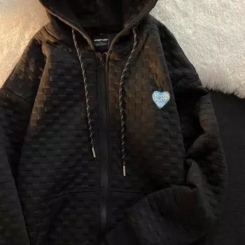 Женская толстовка с капюшоном, модный свободный вафельный топ, однотонная куртка-кардиган с длинными рукавами L чёрный