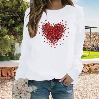 Женская толстовка с капюшоном на День святого Валентина, женская толстовка с принтом в виде сердца, круглый вырез, длинный рукав, свободный пуловер, топы S серый