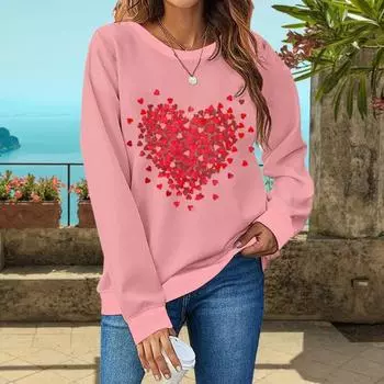Женская толстовка с капюшоном на День святого Валентина, женская толстовка с принтом в виде сердца, круглый вырез, длинный рукав, свободный пуловер, топы S белый