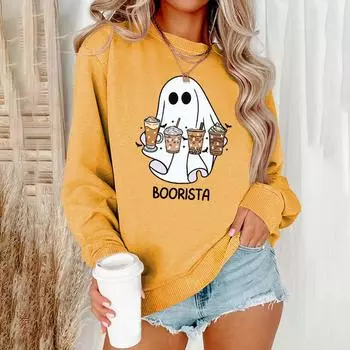 Женская толстовка с капюшоном на Хэллоуин с забавным принтом призрака, пуловер с круглым вырезом и длинным рукавом, без капюшона, одежда Y2k, женские толстовки больших размеров XXS