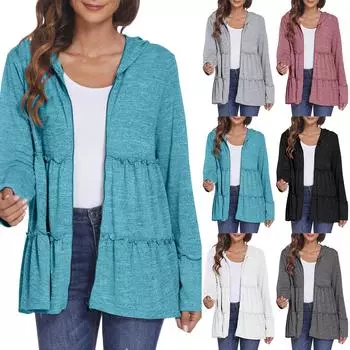 Женская толстовка с капюшоном на молнии, плиссированная многослойная спортивная куртка, куртка с длинными рукавами L чёрный