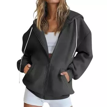 Женская толстовка с капюшоном на молнии с длинным рукавом, флисовая куртка, толстовка с карманом, куртка XXL чёрный