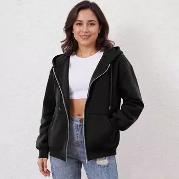 Женская толстовка с капюшоном на молнии с открытыми плечами Модная одежда Повседневная куртка L чёрный