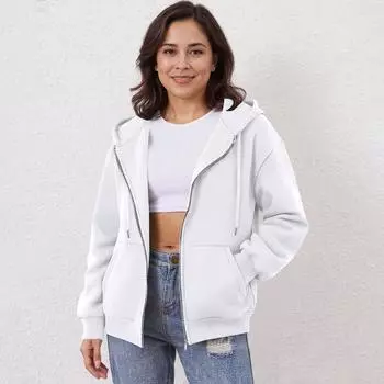 Женская толстовка с капюшоном на молнии с открытыми плечами Модная одежда Повседневная куртка L белый