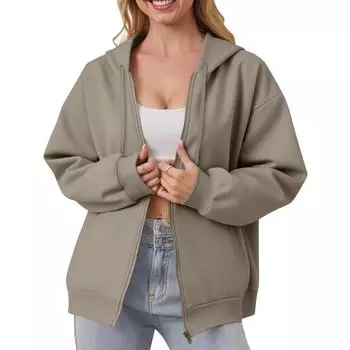 Женская толстовка с капюшоном на молнии с открытыми плечами Модная одежда Повседневная куртка L верблюд