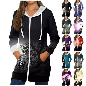 Женская толстовка с капюшоном на молнии с длинным рукавом, повседневная куртка с принтом на Хэллоуин и карманами L чёрный