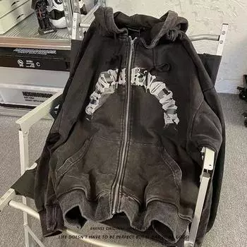 Женская толстовка с капюшоном на молнии с принтом в виде букета и букв, толстовки Y2k, одежда High Street, женские толстовки с круглым вырезом, винтажные, темные M серый