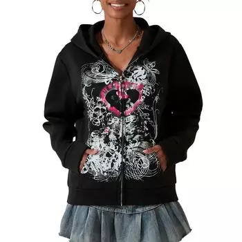 Женская толстовка с капюшоном на молнии с принтом готического сердца, свободная толстовка с длинным рукавом, куртка для уличной моды на осень S чёрный