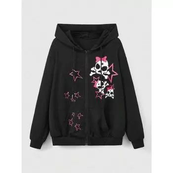 Женская толстовка с капюшоном на молнии с принтом черепа, свободная и удобная толстовка с капюшоном, подходящая для уличной повседневной спортивной одежды M
