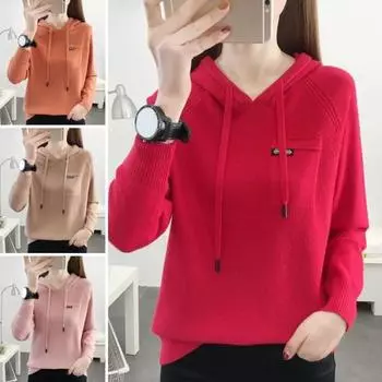 Женская толстовка с капюшоном на осень и весну, вязаная толстовка с длинным рукавом и шнурком, сплошной цвет, большие размеры, эластичный свободный мягкий теплый свитер с капюшоном, женская зимняя блузка 3XL хаки