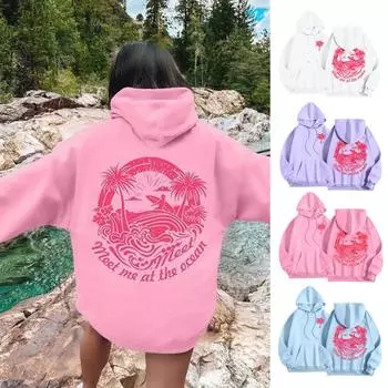 Женская толстовка с капюшоном на осень и весну Everything Comes in Waves, розовый спортивный топ с длинными рукавами и графикой, свободный повседневный пуловер с карманом M белый