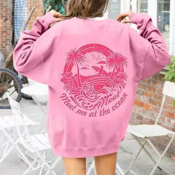 Женская толстовка с капюшоном на осень и весну Everything Comes in Waves, розовый спортивный топ с длинными рукавами и графикой, свободный повседневный пуловер с карманом XL розовый