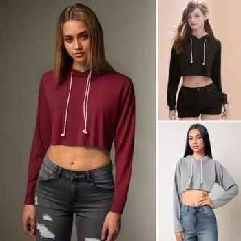 Женская толстовка с капюшоном на осень и весну, свободная, однотонная, с эластичными манжетами на шнурке, короткая длина, повседневный свитер, повседневная одежда, топ S вино красного