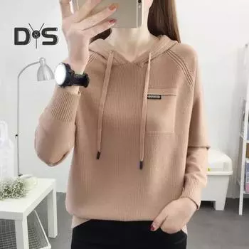 Женская толстовка с капюшоном на осень и весну, вязаная толстовка с длинным рукавом и шнурком, сплошной цвет, большие размеры, эластичный свободный мягкий теплый свитер с капюшоном, женская зимняя блузка 3XL хаки