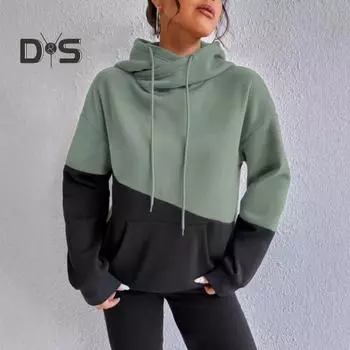 Женская толстовка с капюшоном на осень-зиму с цветными блоками, завязками на шнурке, длинными рукавами, эластичными манжетами и подолом, большим карманом, плотный спортивный топ для фитнеса S зелёный