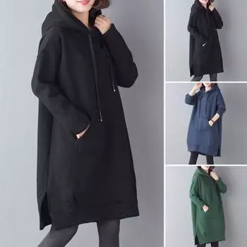 Женская толстовка с капюшоном на осень-зиму с большим карманом, завязками на шнурке, разрезом по низу, однотонная, свободная длина до колена XL чёрный