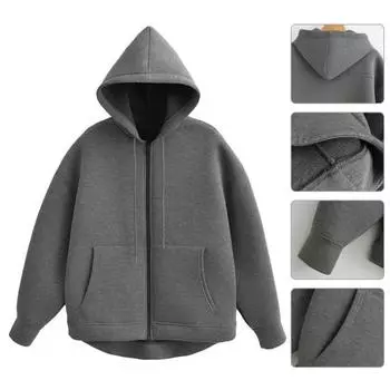 Женская толстовка с капюшоном на осень-зиму с застежкой-молнией, длинными рукавами и большими карманами, однотонная S светло-серый