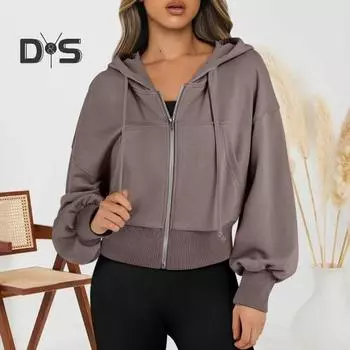 Женская толстовка с капюшоном на осень-зиму с короткими рукавами, карманом, застежкой-молнией, плюшевой подкладкой, однотонной, свободными эластичными манжетами, спортивной курткой на шнурке S розы красного