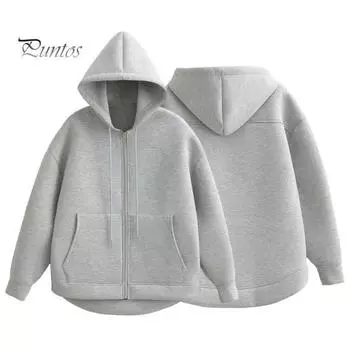 Женская толстовка с капюшоном на осень-зиму, толстый капюшон, застежка-молния, длинные рукава с большими карманами, однотонная свободная эластичная манжета, спортивное пальто на шнурке S чёрный