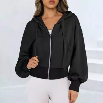 Женская толстовка с капюшоном на осень-зиму с короткими рукавами и карманом на молнии XXL чёрный