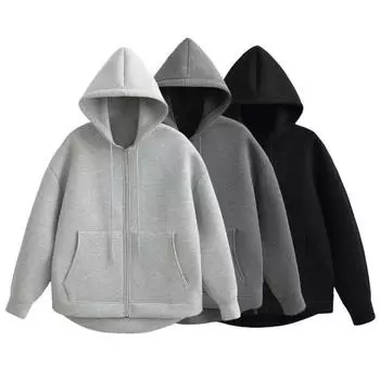 Женская толстовка с капюшоном на осень-зиму, толстый капюшон, застежка-молния, длинные рукава с большими карманами, однотонная свободная эластичная манжета, спортивное пальто на шнурке S чёрный