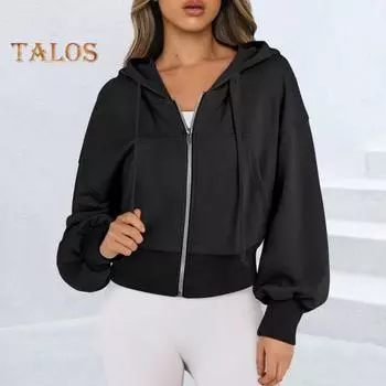 Женская толстовка с капюшоном на осень-зиму с короткими рукавами, карманом, застежкой-молнией, плюшевой подкладкой, однотонной, свободными эластичными манжетами, спортивной курткой на шнурке M розы красного