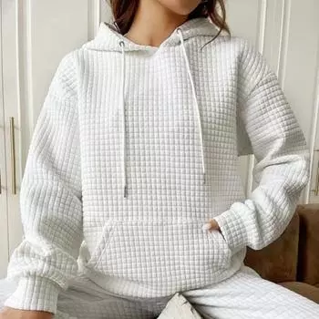 Женская толстовка с капюшоном на осень-зиму с толстой вафельной текстурой, с длинными рукавами и большим карманом S синий