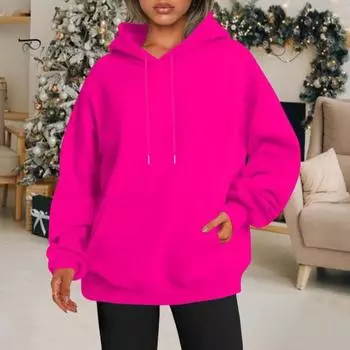 Женская толстовка с капюшоном на осень-зиму, толстый капюшон, длинные рукава, большой карман, размер плюс, средняя длина, однотонный цвет, свободные эластичные манжеты, спортивный топ на шнурке XS светло-фиолетовый