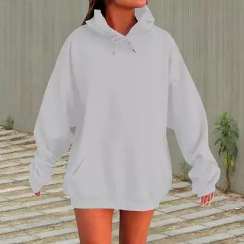 Женская толстовка с капюшоном на осень-зиму с большим передним карманом, свободный топ средней длины M хаки