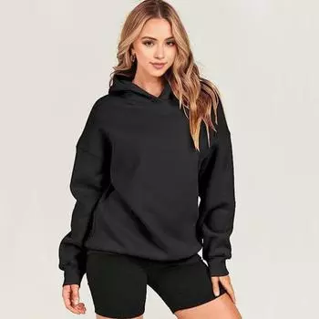 Женская толстовка с капюшоном на осень-зиму, толстый капюшон, длинные рукава, большой карман, размер плюс, средняя длина, однотонный цвет, свободные эластичные манжеты, спортивный топ на шнурке XS розы красного