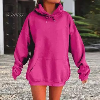 Женская толстовка с капюшоном на осень-зиму с большим передним карманом, свободного кроя, средней длины, однотонная, плотная, теплая, спортивная, повседневная, повседневная толстовка с капюшоном L хаки