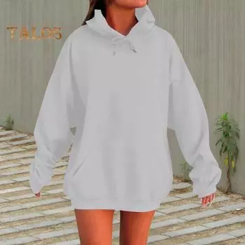 Женская толстовка с капюшоном на осень-зиму с большим передним карманом, свободного кроя, средней длины, однотонная, плотная, теплая, спортивная, повседневная, повседневная толстовка с капюшоном M светло-серый