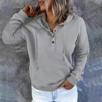 Женская толстовка с капюшоном на осень-зиму с длинным рукавом, свободный пуловер с большим карманом, декором на пуговицах, шнурком, повседневная мягкая теплая с капюшоном, эластичные манжеты для женщин XXL абрикосовый