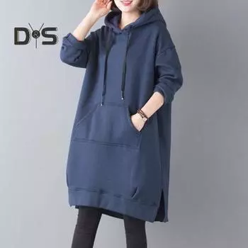 Женская толстовка с капюшоном на осень-зиму с большим карманом, завязками на шнурке, разрезом по низу, однотонная, свободная, длиной до колена, толстый верх, плюшевый пуловер, повседневная толстовка с капюшоном L синий