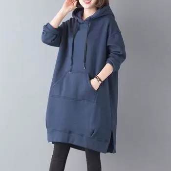 Женская толстовка с капюшоном на осень-зиму с большим карманом, завязками на шнурке, разрезом по низу, однотонная, свободная, длиной до колена, толстый верх, плюшевый пуловер, повседневная толстовка с капюшоном M чёрный