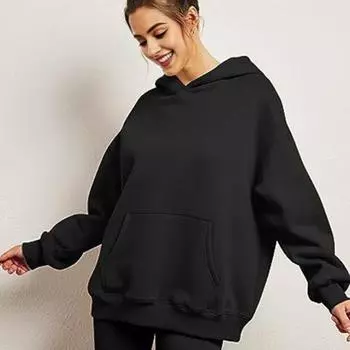 Женская толстовка с капюшоном на осень-зиму, толстый капюшон, длинные рукава, большой карман, размер плюс, средняя длина, однотонный цвет, свободные эластичные манжеты, спортивный топ на шнурке XS светло-фиолетовый