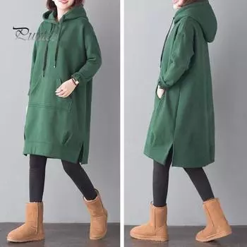 Женская толстовка с капюшоном на осень-зиму с большим карманом, завязками на шнурке, разрезом по низу, однотонная, свободная, длиной до колена, толстый верх, плюшевый пуловер, повседневная толстовка с капюшоном M чёрный